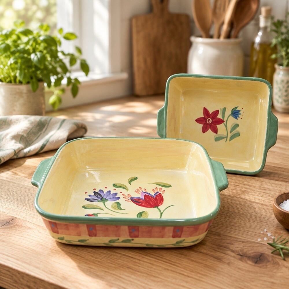 Lot Of 2 Pfaltzgraff Square 9”x 9” 11x11 Square Baker Napoli Design Hand Painted
